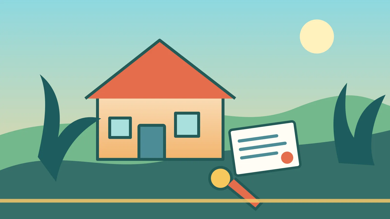 Ilustración de vivienda, documentos y lupa para analizar una inversión inmobiliaria