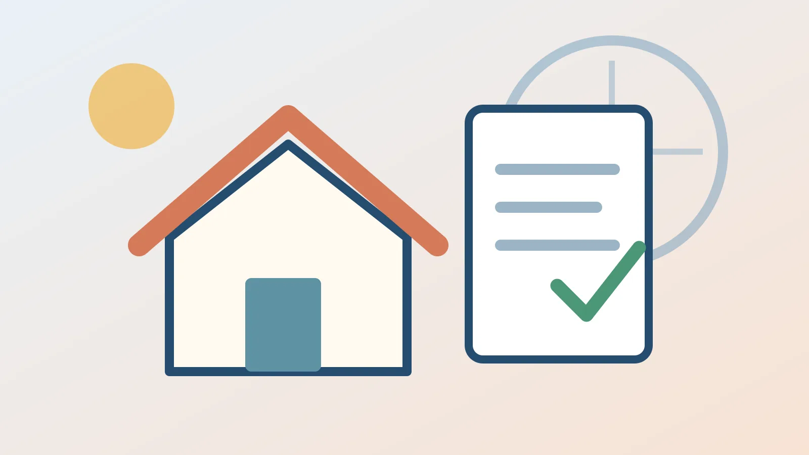 Ilustración editorial de una vivienda y documentos para planificación patrimonial inmobiliaria